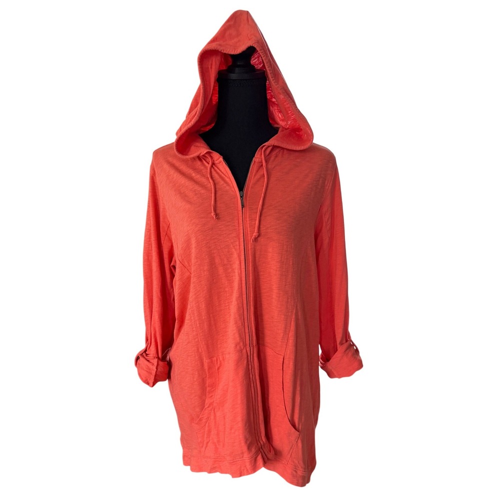 J. Jill Cotton Slub Hoodie Coral Orange Full Zip Sweatshirt Womens Large